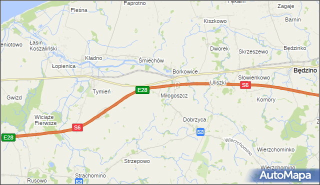 mapa Miłogoszcz gmina Będzino, Miłogoszcz gmina Będzino na mapie Targeo