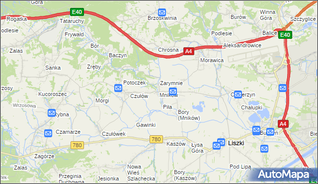 mapa Mników gmina Liszki, Mników gmina Liszki na mapie Targeo