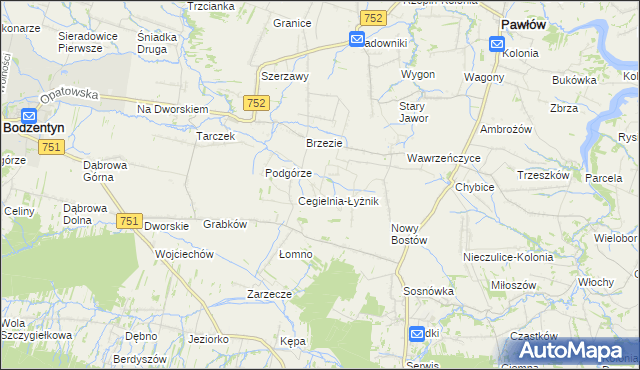 mapa Modrzewie gmina Pawłów, Modrzewie gmina Pawłów na mapie Targeo