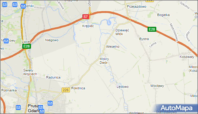 mapa Mokry Dwór gmina Pruszcz Gdański, Mokry Dwór gmina Pruszcz Gdański na mapie Targeo