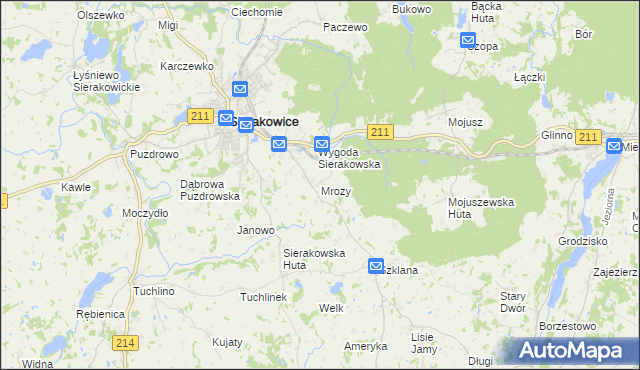 mapa Mrozy gmina Sierakowice, Mrozy gmina Sierakowice na mapie Targeo