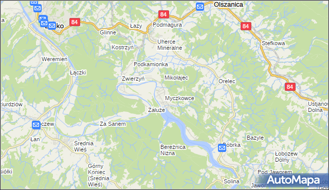 mapa Myczkowce, Myczkowce na mapie Targeo