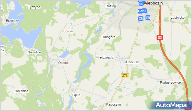 mapa Niedźwiady gmina Świebodzin, Niedźwiady gmina Świebodzin na mapie Targeo