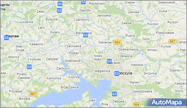mapa Nowa Wieś gmina Dobczyce, Nowa Wieś gmina Dobczyce na mapie Targeo