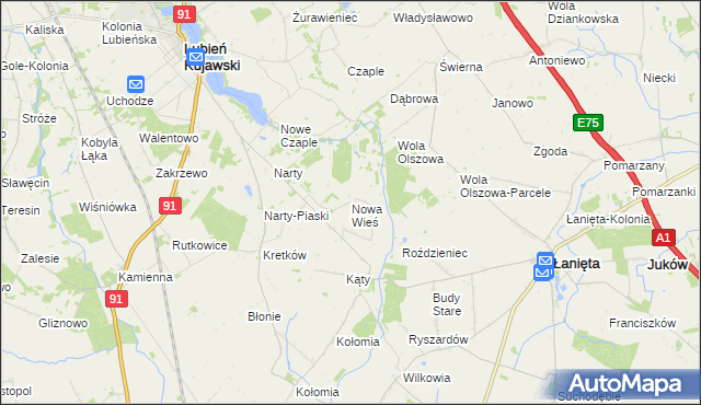 mapa Nowa Wieś gmina Lubień Kujawski, Nowa Wieś gmina Lubień Kujawski na mapie Targeo