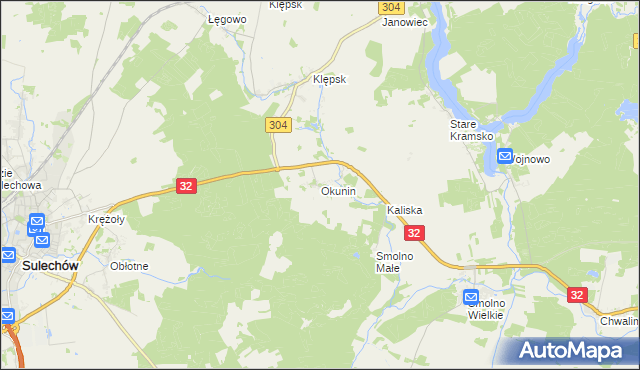 mapa Okunin gmina Sulechów, Okunin gmina Sulechów na mapie Targeo