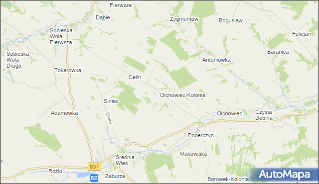 mapa Olchowiec-Kolonia gmina Żółkiewka, Olchowiec-Kolonia gmina Żółkiewka na mapie Targeo