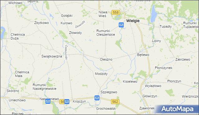 mapa Oleszno gmina Wielgie, Oleszno gmina Wielgie na mapie Targeo