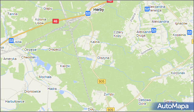 mapa Olszyna gmina Herby, Olszyna gmina Herby na mapie Targeo