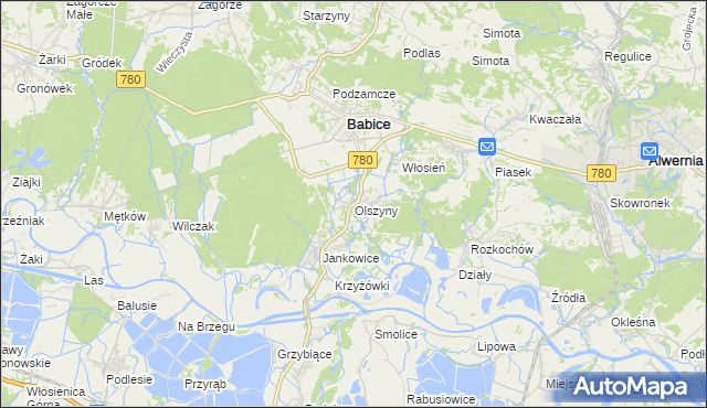 mapa Olszyny gmina Babice, Olszyny gmina Babice na mapie Targeo