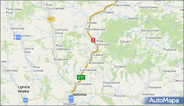 mapa Orawka gmina Jabłonka, Orawka gmina Jabłonka na mapie Targeo