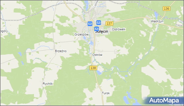 mapa Ostrów gmina Sulęcin, Ostrów gmina Sulęcin na mapie Targeo