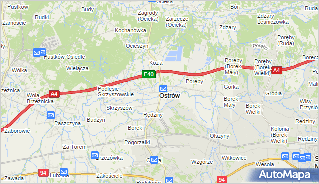mapa Ostrów powiat ropczycko-sędziszowski, Ostrów powiat ropczycko-sędziszowski na mapie Targeo