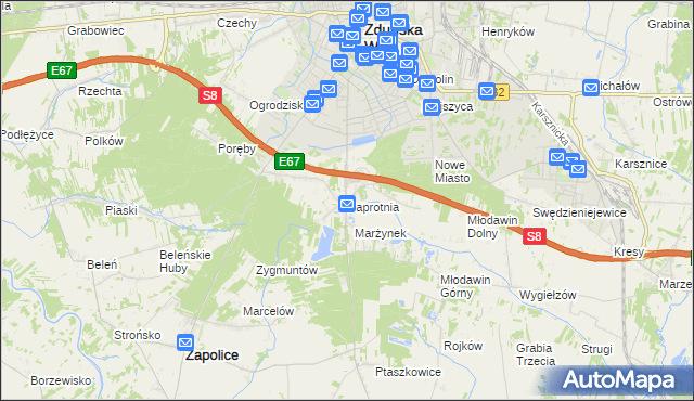 mapa Paprotnia gmina Zapolice, Paprotnia gmina Zapolice na mapie Targeo