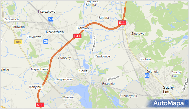 mapa Pawłowice gmina Rokietnica, Pawłowice gmina Rokietnica na mapie Targeo