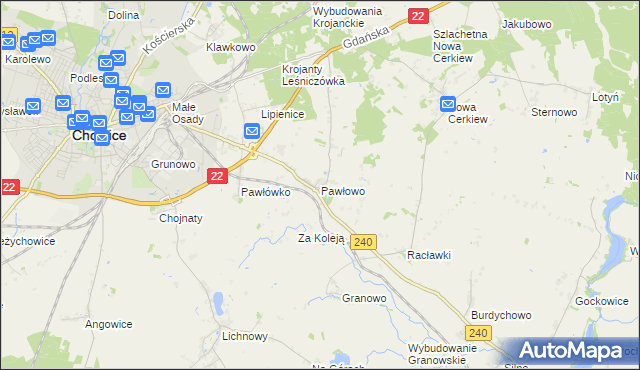 mapa Pawłowo gmina Chojnice, Pawłowo gmina Chojnice na mapie Targeo