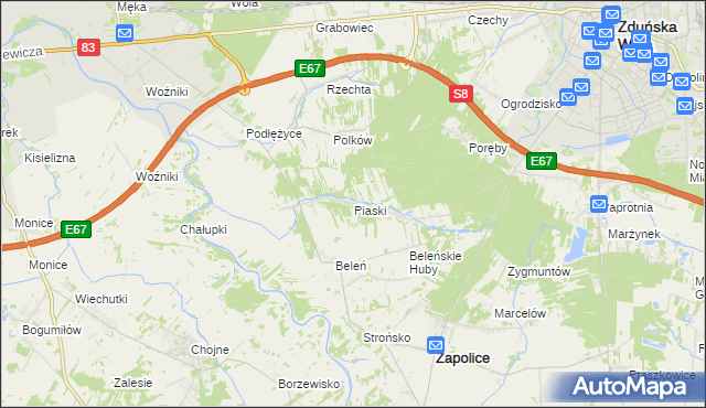 mapa Piaski gmina Zduńska Wola, Piaski gmina Zduńska Wola na mapie Targeo