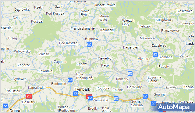 mapa Piekiełko gmina Tymbark, Piekiełko gmina Tymbark na mapie Targeo