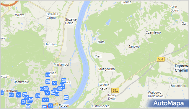 mapa Pień gmina Dąbrowa Chełmińska, Pień gmina Dąbrowa Chełmińska na mapie Targeo