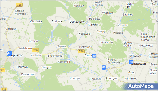 mapa Piotrowiec gmina Łopuszno, Piotrowiec gmina Łopuszno na mapie Targeo