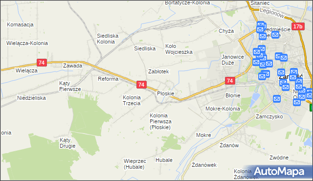 mapa Płoskie gmina Zamość, Płoskie gmina Zamość na mapie Targeo