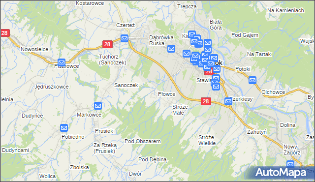 mapa Płowce gmina Sanok, Płowce gmina Sanok na mapie Targeo