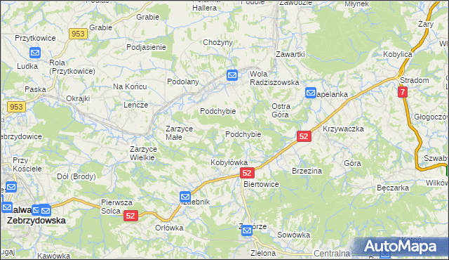 mapa Podchybie gmina Lanckorona, Podchybie gmina Lanckorona na mapie Targeo