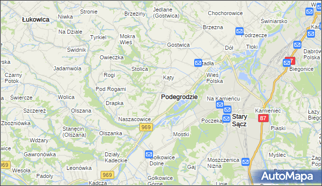 mapa Podegrodzie powiat nowosądecki, Podegrodzie powiat nowosądecki na mapie Targeo