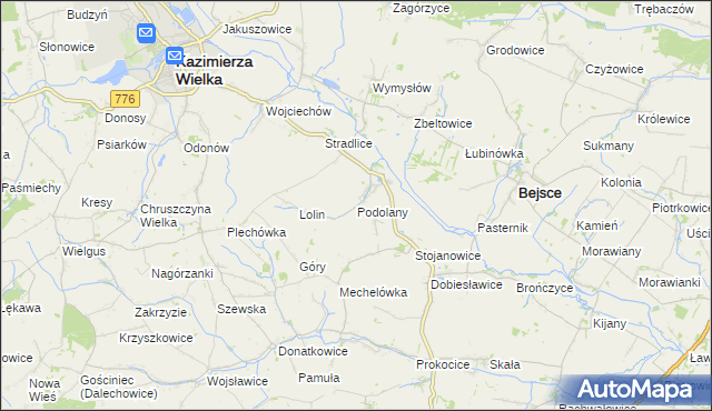 mapa Podolany gmina Kazimierza Wielka, Podolany gmina Kazimierza Wielka na mapie Targeo