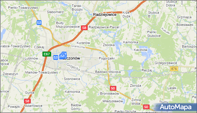 mapa Pogorzałki gmina Mszczonów, Pogorzałki gmina Mszczonów na mapie Targeo