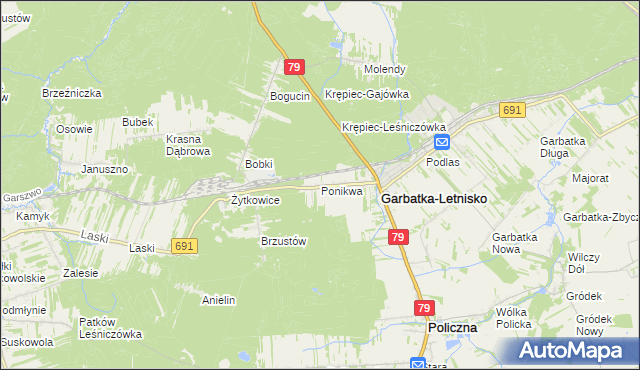 mapa Ponikwa gmina Garbatka-Letnisko, Ponikwa gmina Garbatka-Letnisko na mapie Targeo