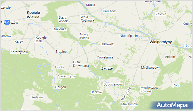 mapa Popielarnia gmina Wielgomłyny, Popielarnia gmina Wielgomłyny na mapie Targeo