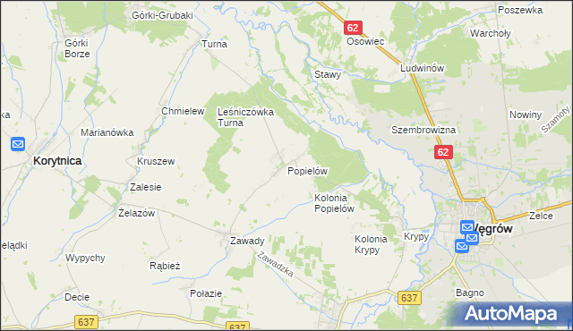 mapa Popielów gmina Liw, Popielów gmina Liw na mapie Targeo