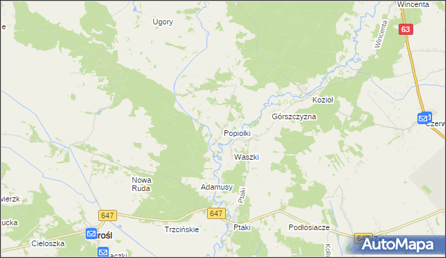 mapa Popiołki gmina Turośl, Popiołki gmina Turośl na mapie Targeo