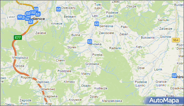 mapa Poręba gmina Myślenice, Poręba gmina Myślenice na mapie Targeo