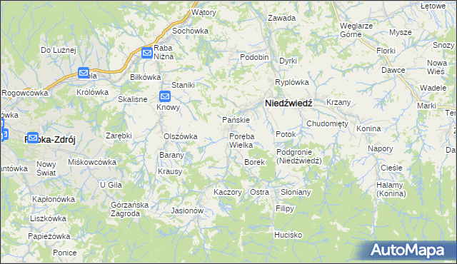 mapa Poręba Wielka gmina Niedźwiedź, Poręba Wielka gmina Niedźwiedź na mapie Targeo