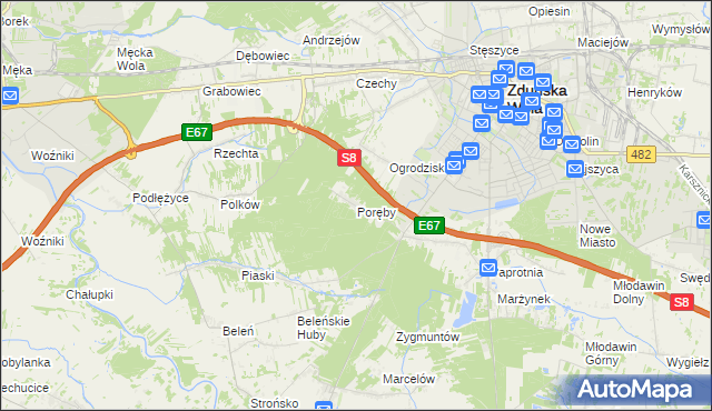 mapa Poręby gmina Zduńska Wola, Poręby gmina Zduńska Wola na mapie Targeo