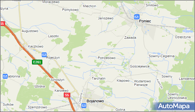 mapa Potrzebowo gmina Bojanowo, Potrzebowo gmina Bojanowo na mapie Targeo