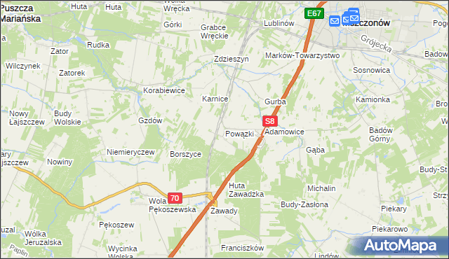 mapa Powązki gmina Mszczonów, Powązki gmina Mszczonów na mapie Targeo