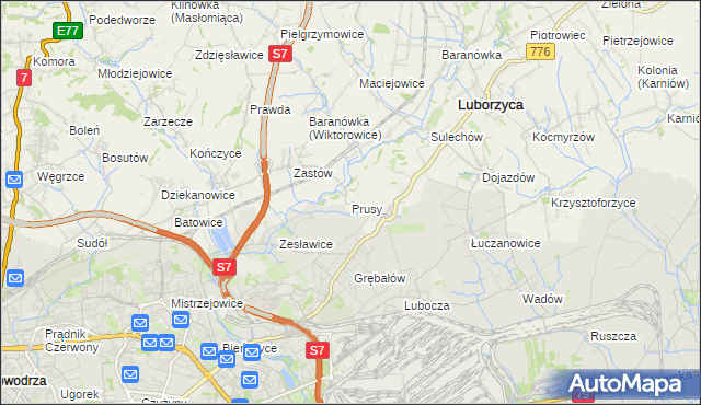 mapa Prusy gmina Kocmyrzów-Luborzyca, Prusy gmina Kocmyrzów-Luborzyca na mapie Targeo