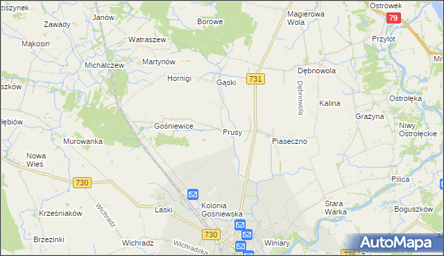 mapa Prusy gmina Warka, Prusy gmina Warka na mapie Targeo