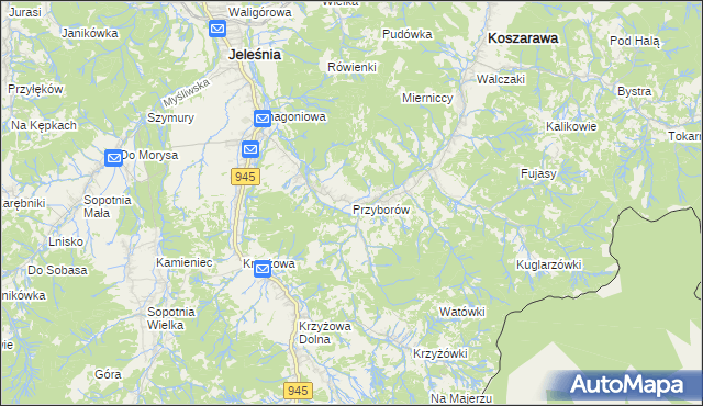 mapa Przyborów gmina Jeleśnia, Przyborów gmina Jeleśnia na mapie Targeo