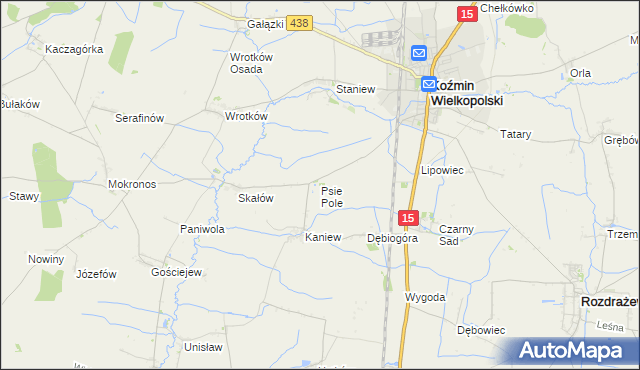 mapa Psie Pole gmina Koźmin Wielkopolski, Psie Pole gmina Koźmin Wielkopolski na mapie Targeo