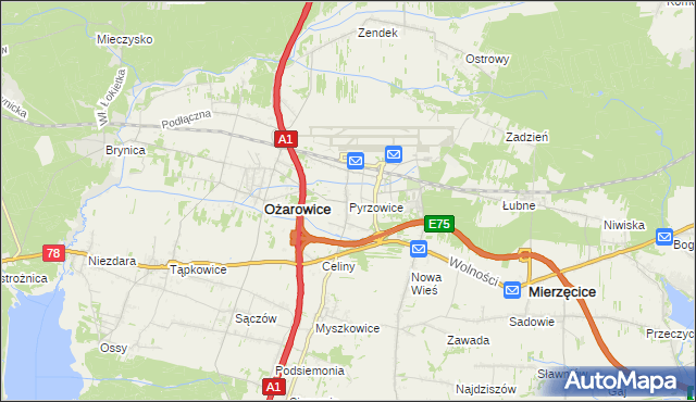 mapa Pyrzowice, Pyrzowice na mapie Targeo