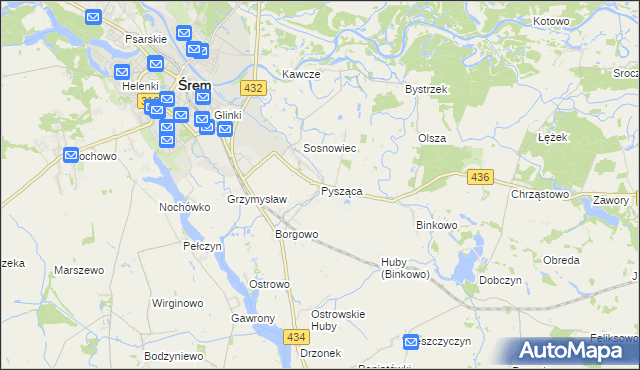 mapa Pysząca gmina Śrem, Pysząca gmina Śrem na mapie Targeo