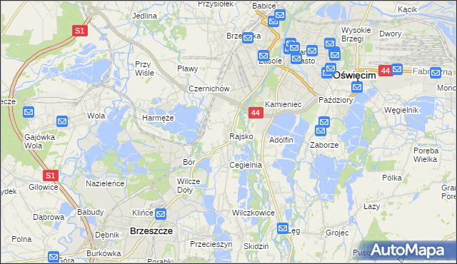 mapa Rajsko gmina Oświęcim, Rajsko gmina Oświęcim na mapie Targeo