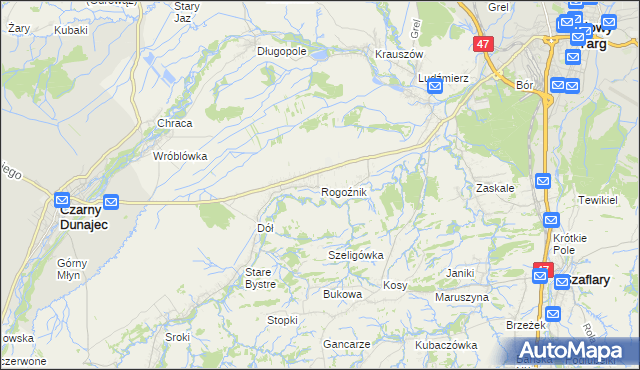 mapa Rogoźnik gmina Nowy Targ, Rogoźnik gmina Nowy Targ na mapie Targeo