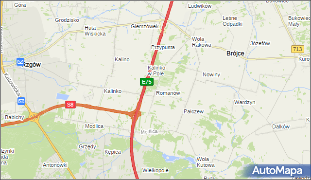 mapa Romanów gmina Rzgów, Romanów gmina Rzgów na mapie Targeo