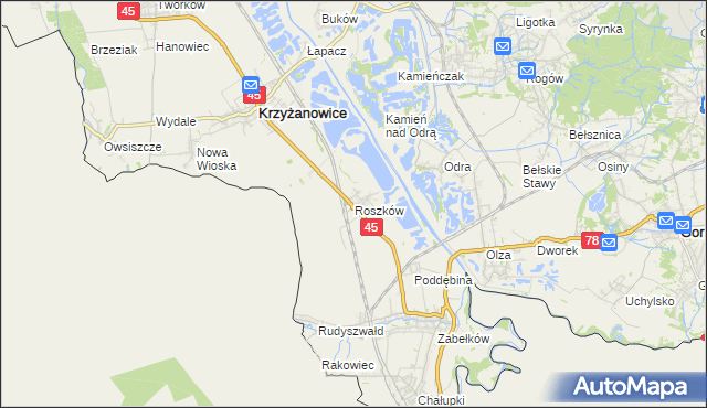 mapa Roszków gmina Krzyżanowice, Roszków gmina Krzyżanowice na mapie Targeo