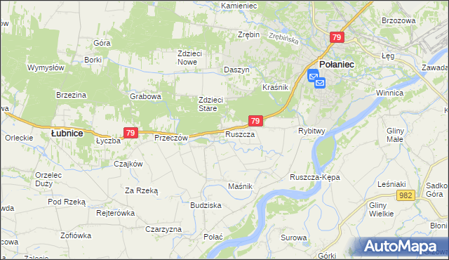 mapa Ruszcza gmina Połaniec, Ruszcza gmina Połaniec na mapie Targeo